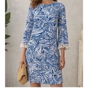 J.McLaughlin Sz Lg Brenda Dress Catalina Blue White Willow Bluff Tassels